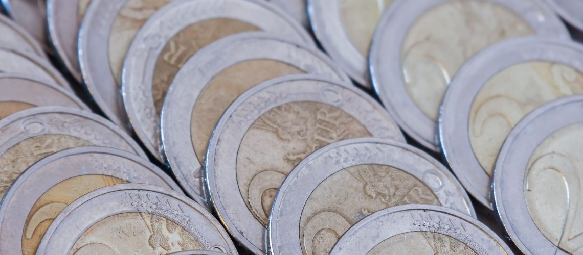 Closeup shot of several two euro coins