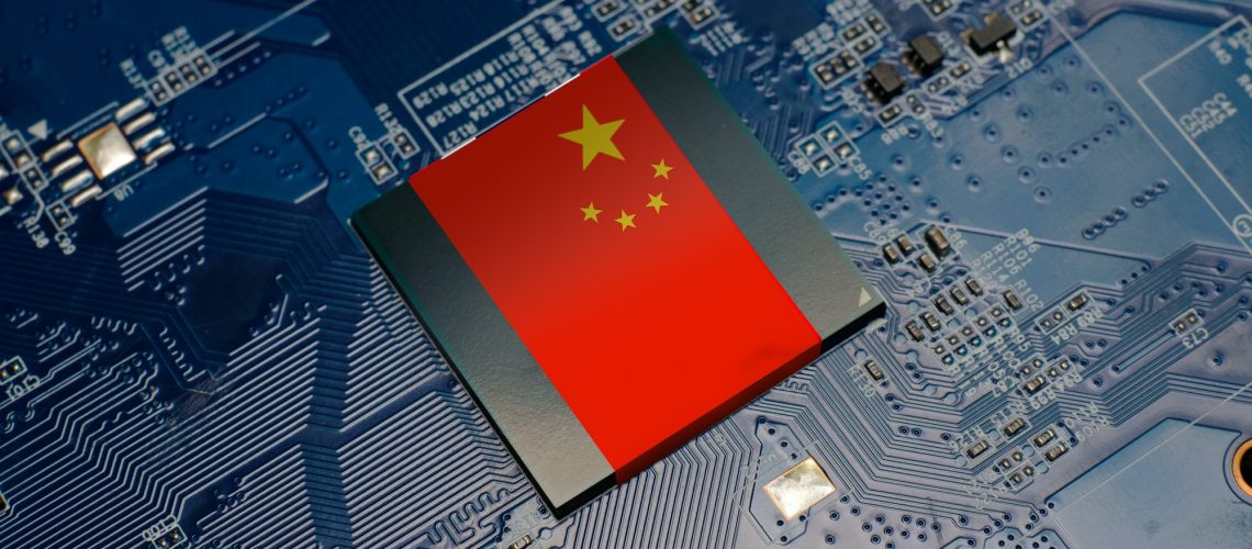 Flag of China on CPU operating chipset computer electronic circuit board