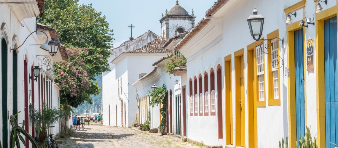 Street and old portuguese colonial houses in historic downtown in Paraty